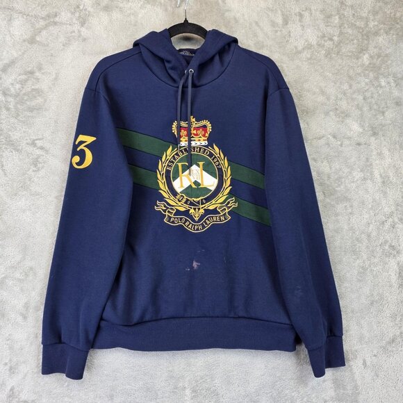 Polo Ralph Lauren Hoodie Mens Medium Navy Rugby Crest Pullover Big 3 Embroidered - Picture 1 of 14